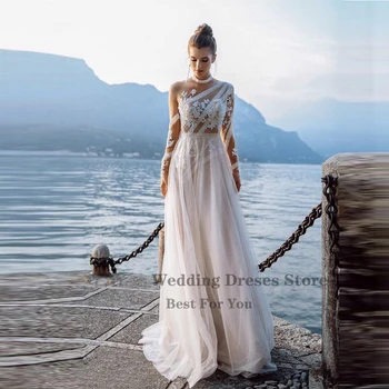 OLOEY 2023 Paplūdimio Boho Vestuvių Suknelė Nuotakos Nėrinių Aplikacijos ilgomis Rankovėmis Linijos, Kaimiškas Nuotakos Suknelės, Elegantiškos Elegantiškas Chalatas de mariee Nuotrauka