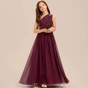 Linijos Vieną Petį Grindų Ilgio Šifono Jaunimo Bridesmaid Suknelę Vakarinę Suknelę Naujas Elegantiškas Banketų Chalatai Nuotrauka