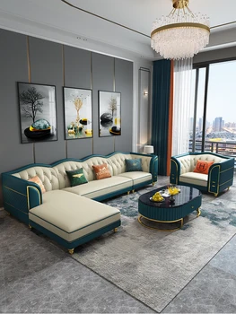Amerikietiško stiliaus prabangus kampas, sofa-lova, gyvenamasis kambarys modernus paprasta high-end luxury Europos stiliaus odos sofos, galvos oda Nuotrauka