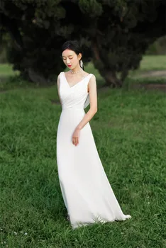 Korėjos stiliaus V-Kaklo Paprastas Apdaras Mariage nėrinių Vestuvių Suknelė Skraiste Būti Šalies Chalatai Nuotrauka