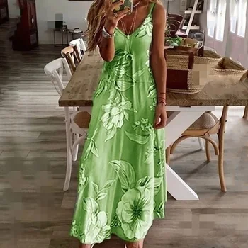 Nauji moteriški drabužiai Gėlių Spausdinti V-Kaklo Dirželio Ilgio Suknelės Atsitiktinis Bohemijos Moterų Berankovis Vasaros Paplūdimio Kelionės Šalis Dėvėti Nuotrauka