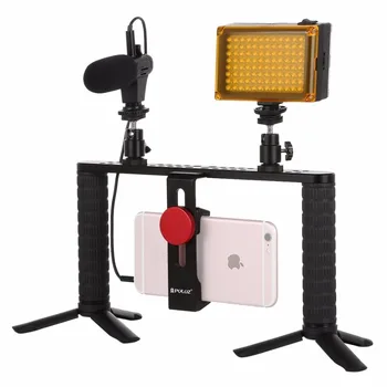 PULUZ 4 1 Live Transliacijos LED Selfie Šviesos Išmanusis telefonas, Vaizdo Įrenginys Rankena Stabilizatorius Aliuminio Laikiklis Rinkiniai Mikrofono Stovo Nuotrauka