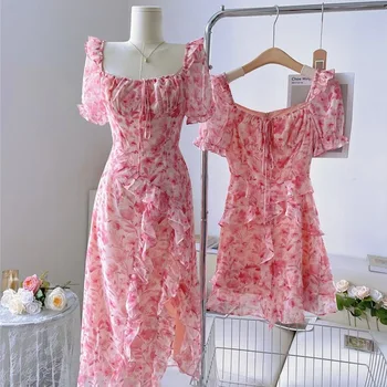 Moterų nauja vasaros gėlių suknelė Moterų burbulas rankovės juosmens uždarytas nereguliarus šifono suknelė suknelės Nuotrauka