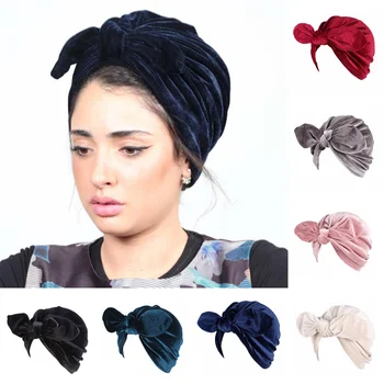 Mados aksomo lankas moterų galvos skara turbaną nešioti vidinis hijabs femme musulman hijab kepurės Indija wrap turbante mujer Nuotrauka