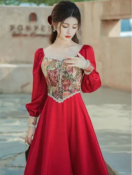Derliaus Viktorijos Stiliaus Raudonos Suknelės Moteris Retro Name Žakardo Gėlių Žibintų Rankovės Tvarstis Princesė Suknelės Vestido Festa Nuotrauka