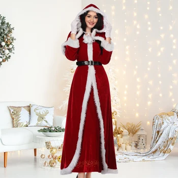 Santa Claus Cosplay Moterų Raudona Suknelė Kalėdų Karalienės Kostiumas Suknelė Slim Fit Didelė Juosmens su Diržo Skrybėlę Apranga Kalėdų Ilga Suknelė Nuotrauka