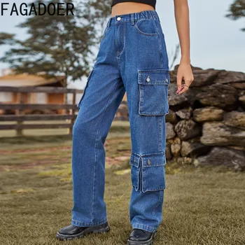 FAGADOER Vintage Džinsai Krovinių Kelnės Kišenės Moterų Kelnės Baggy Jeans 90s Streetwear Tiesiai Atsitiktinis Kelnės Rudenį Pantalones Nuotrauka