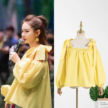 kpop IU Seo Taip Ji vasarą, naujas geltonos spalvos Svogūnai-mazgas stebėjimo nėriniai-up marškinėliai moterims korėjos šalies mados žibintų rankovėmis palaidinė ir topai Nuotrauka