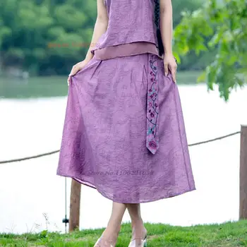 2023 kinijos vintage sijonas nacionalinės gėlių siuvinėjimas medvilnės, lino sijonas etninės elastinga juosmens sijonas liaudies kostiumas retro-line sijonas Nuotrauka