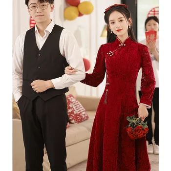 Ilgomis Rankovėmis Cheongsam Taurę Suknelė 2023 Nuotaka Vyno Raudona Dalyvavimas Vestuvių Suknelės, Kinų Tradicinė Qipao Galines Duris Suknelė Nuotrauka