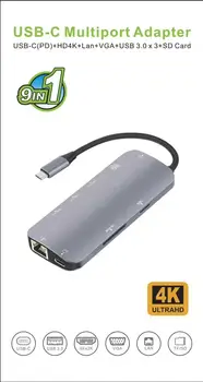 9in1 USB Tipo c 3 Stebulės HDMI VGA 4K RJ45 USB3.0X3 Hub USB-C PD TF, SD Lizdą, Garso Kabelis Adapteris Nuotrauka