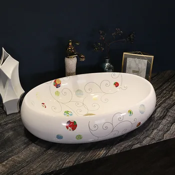 Ovalo formos Vonios kambarys, Rūbinė Europoje Stiliaus Keramikos Meno Baseino Skaitiklis Viršuje praustuvas Vonios kambarys Laivo Kriauklės keramikos rankų plovimo kriaukle Nuotrauka