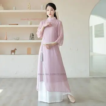 2023 tradicinės kinų vintage drabužių nustatyti nacionalinius qipao suknelė+kelnės nustatyti rytietiškas arbatos paslaugų hanfu nustatyti, retro, liaudies stiliaus komplektas Nuotrauka