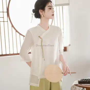 2023 naujas kinų stiliaus tang kostiumas retro zen arbatos rinkinys vasaros pusė rankovėmis marškinėliai plati koja kelnės dviejų dalių elegantiškas kinijos nustatyti s336 Nuotrauka