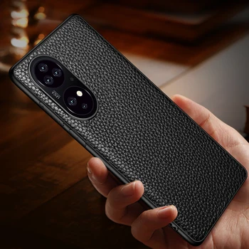 Prabanga Litchi Tekstūros natūralios Odos Padengti Atveju, Huawei P50 Telefono Krepšiai Fundas Coque antidetonaciniai P50 Pro Nuotrauka
