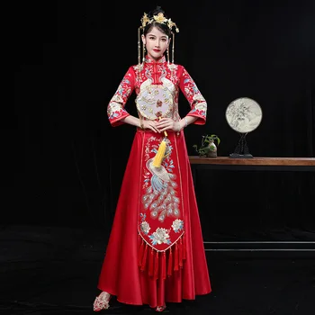 2023 Šiuolaikinės Cheongsam Raudona Qipao Ilgai Tradicinės Kinų Vestuvių Suknelė Rytų Stiliaus Xiuhe Tango Kostiumas Rinkiniai Plius Dydis Moterų Nuotrauka