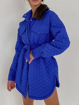 BerryGo Elegantiškas royal mėlyna striukė moterų žiemos paltai ilgomis rankovėmis atvartas varčios dygsniuotas paltai Atsitiktinis palaidų kišenėje žemyn parko moteris Nuotrauka