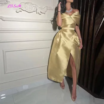 Vintage Gold Šampano Satin A-Line Vakare Šalis Suknelės nuo Peties Rankoves Ritininės arabų Moterų Arbata-Ilgis Prom Chalatai Nuotrauka